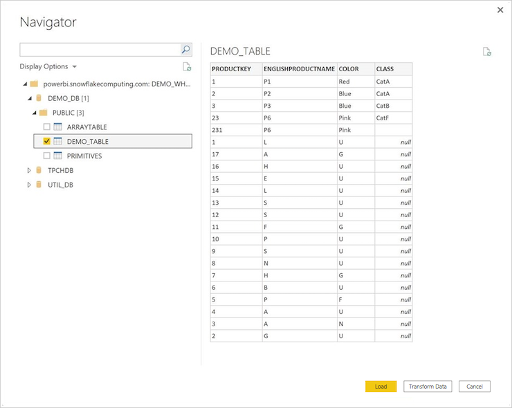 Power BI to Snowflake Select Tables