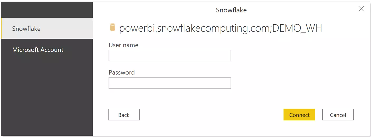 Power BI to Snowflake Enter Credentials