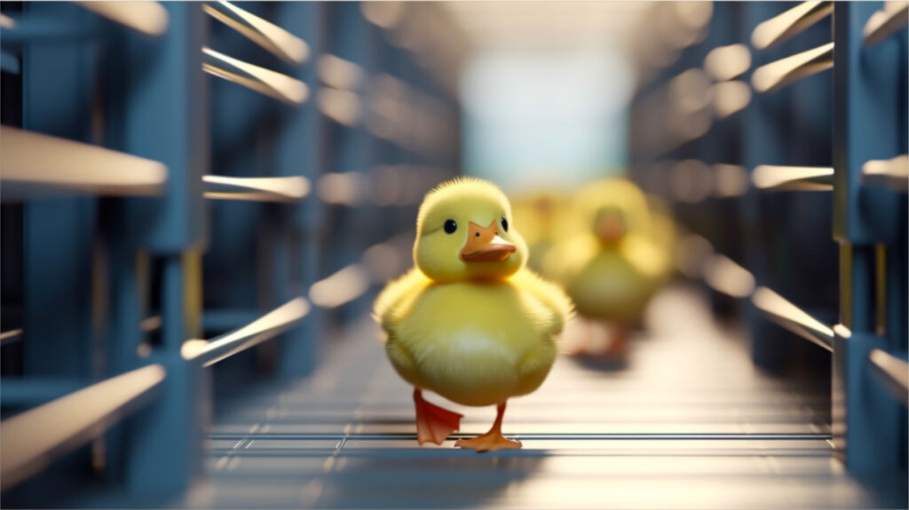 A duck wandering into a database representing DuckDB