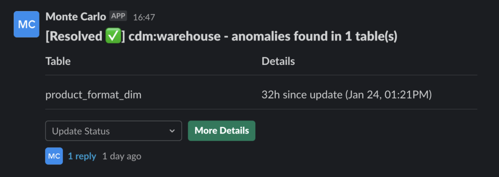 Data issue resolved Monte Carlo notification in Slack